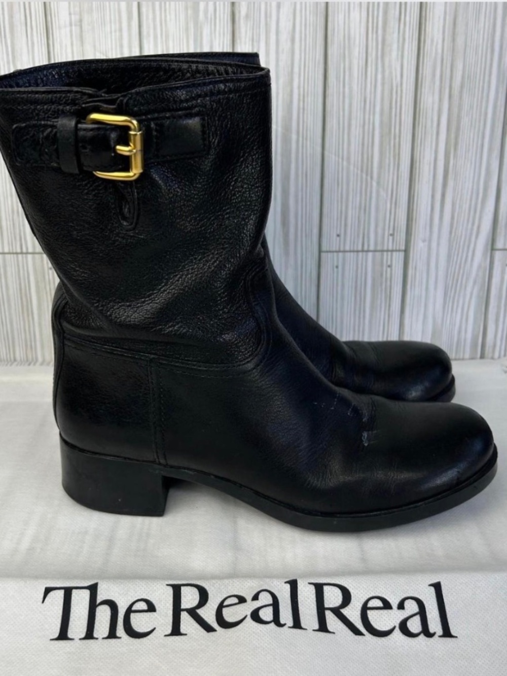 Prada Black Leather Moto Boots with Gold Buckle Size 8